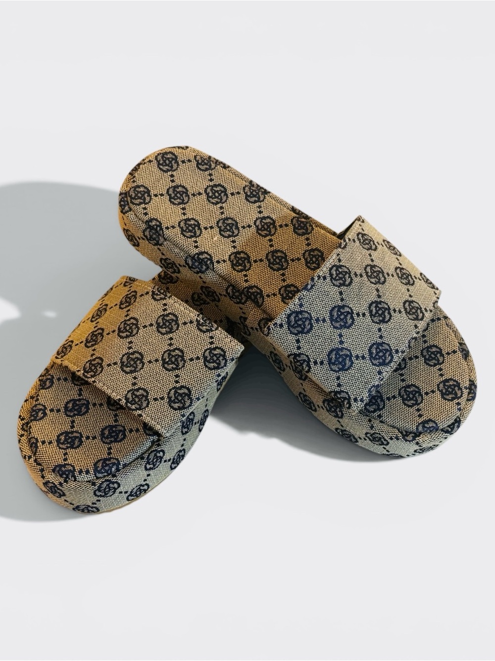 Woven Pattern Platform Slide Sandals in Beige